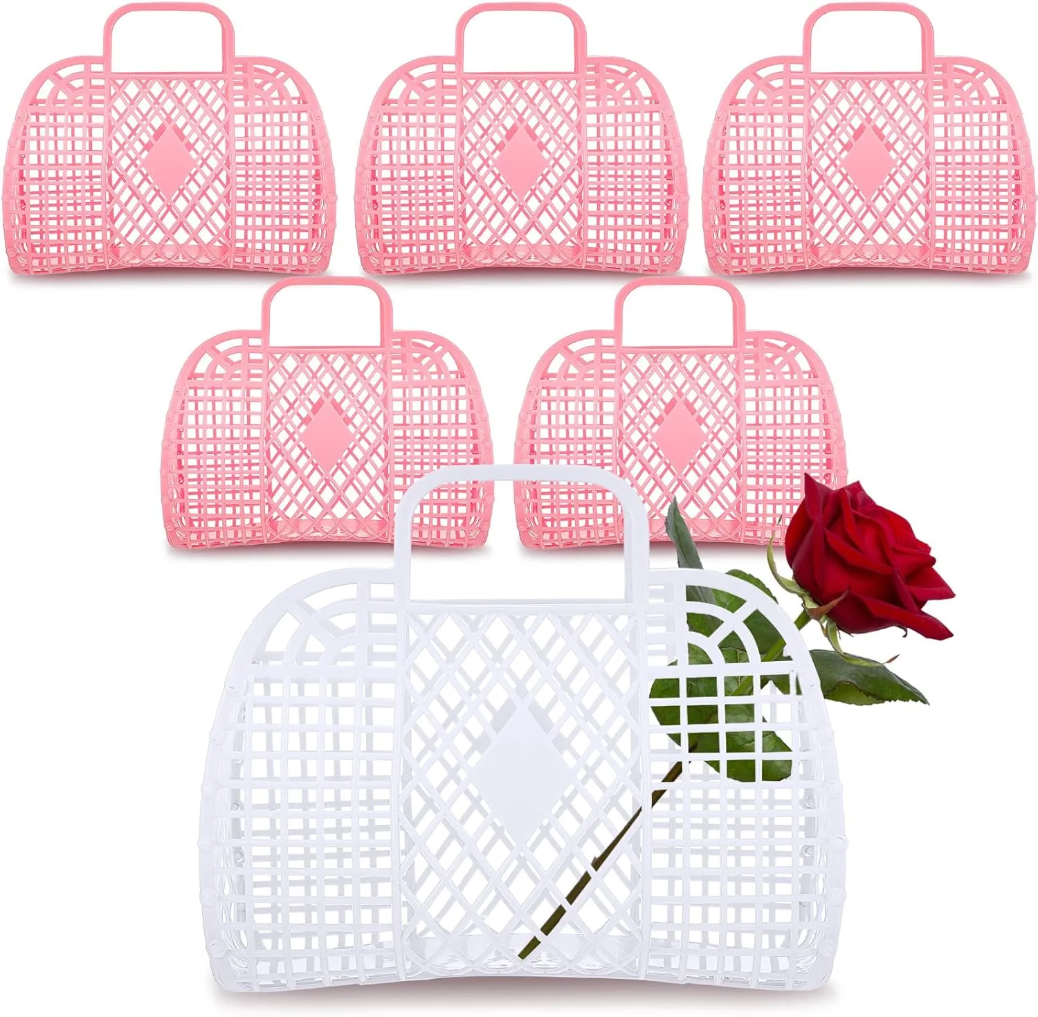 Silkfly 6 Pcs Jelly Tote Bags Plastic Easter Baskets for Egg Hunting Wedding Beach Gifts Purse Bags for Spring Party Favor(Pink, White,Small)