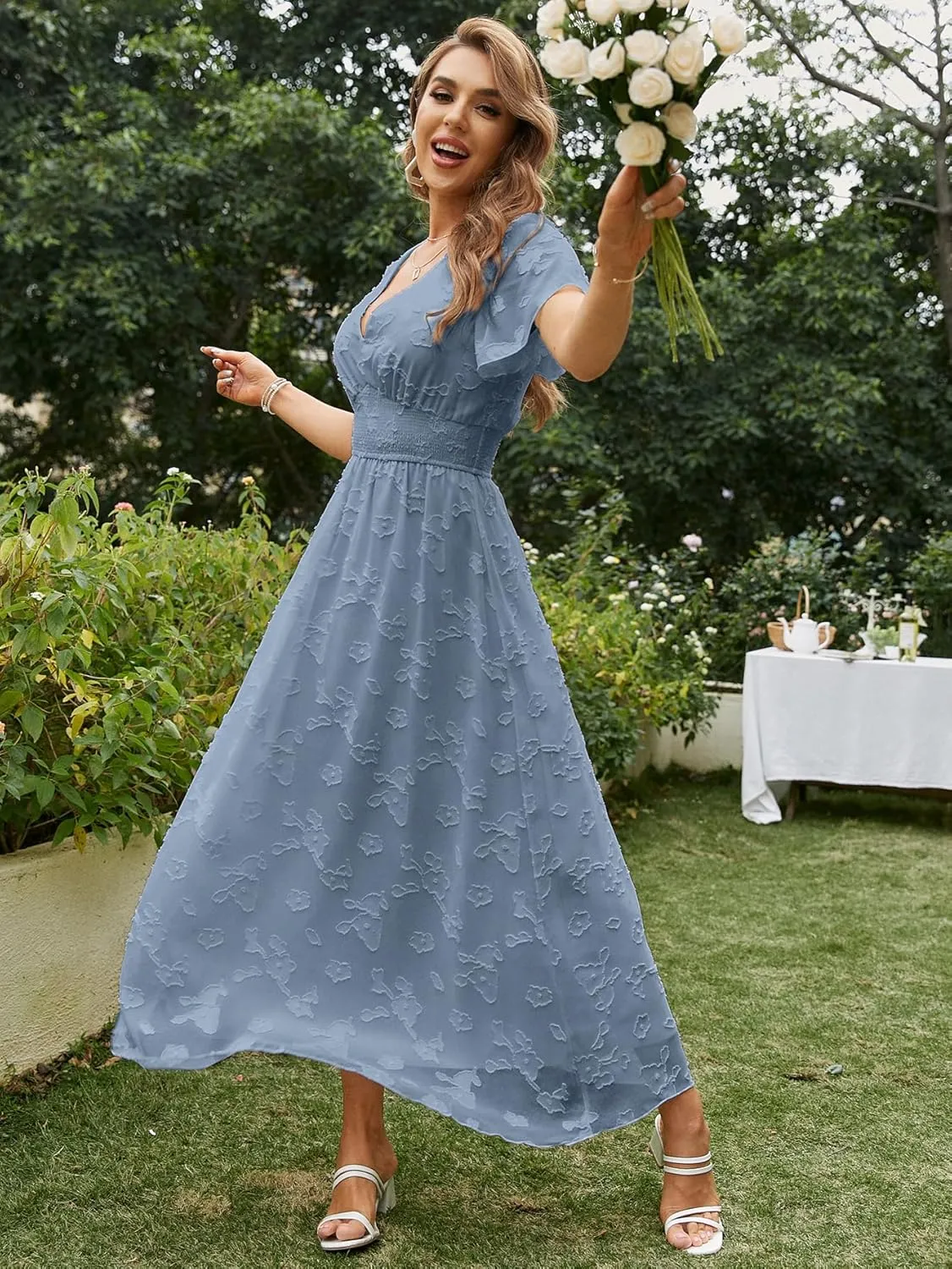 Simplee Women's Boho Floral Maxi Dress Flowy Casual V Neck Short Sleeve Wedding Guest Holiday Beach Long Dress