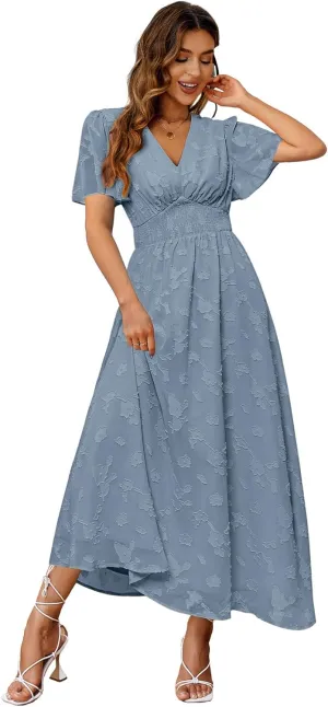 Simplee Women's Boho Floral Maxi Dress Flowy Casual V Neck Short Sleeve Wedding Guest Holiday Beach Long Dress