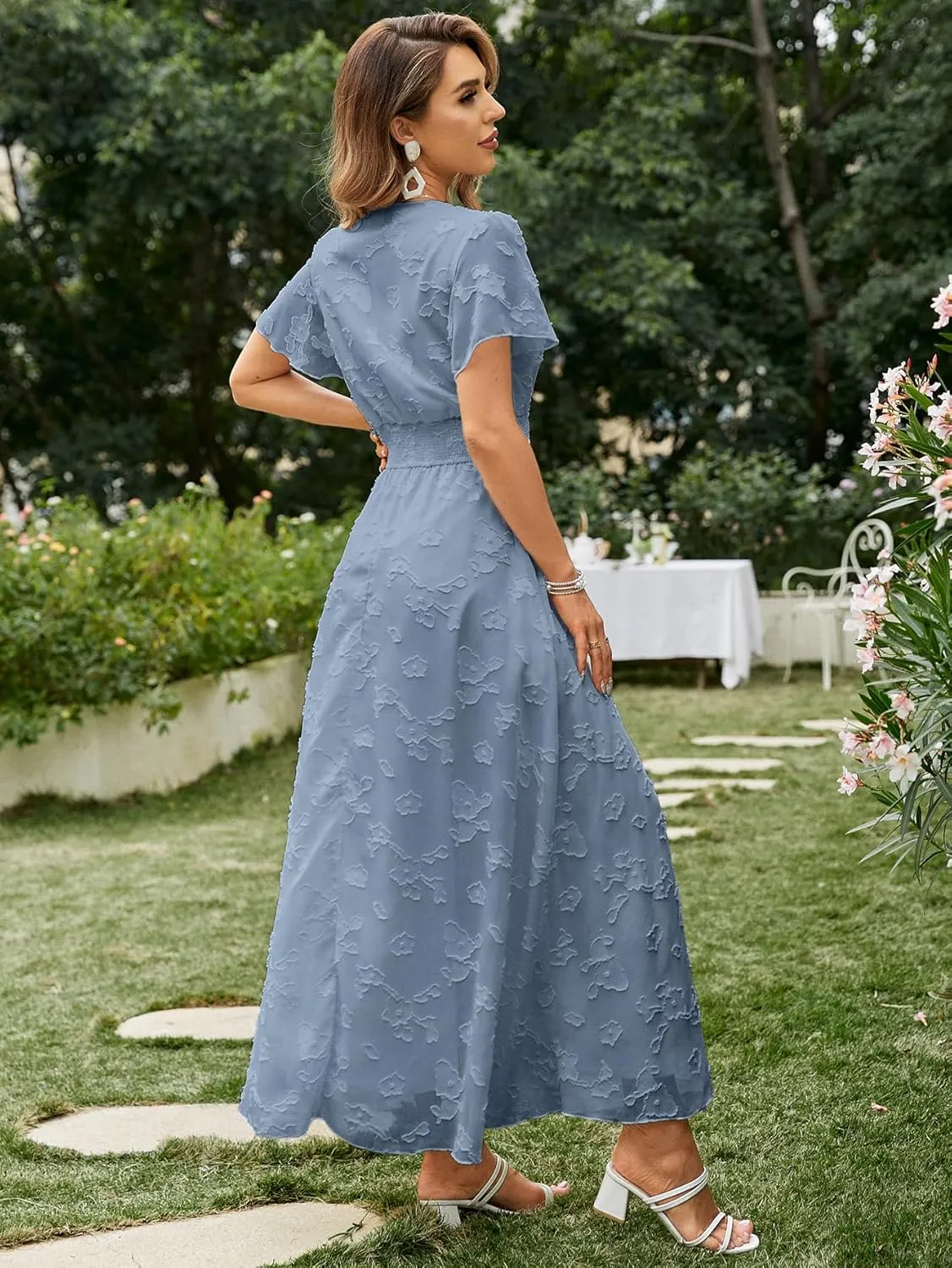 Simplee Women's Boho Floral Maxi Dress Flowy Casual V Neck Short Sleeve Wedding Guest Holiday Beach Long Dress
