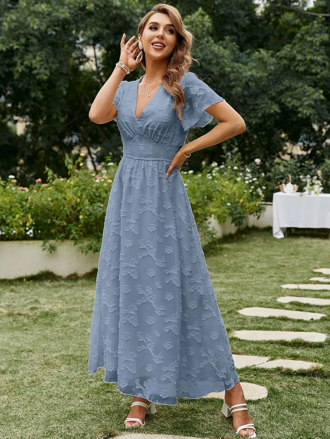 Simplee Women's Boho Floral Maxi Dress Flowy Casual V Neck Short Sleeve Wedding Guest Holiday Beach Long Dress