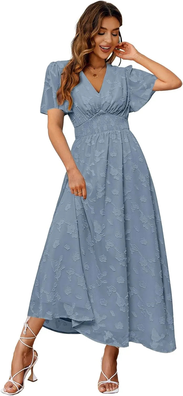 Simplee Women's Boho Floral Maxi Dress Flowy Casual V Neck Short Sleeve Wedding Guest Holiday Beach Long Dress