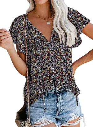 SimpleFun Women's Boho Tops Floral V Neck Short Sleeve Summer Blouse Shirts