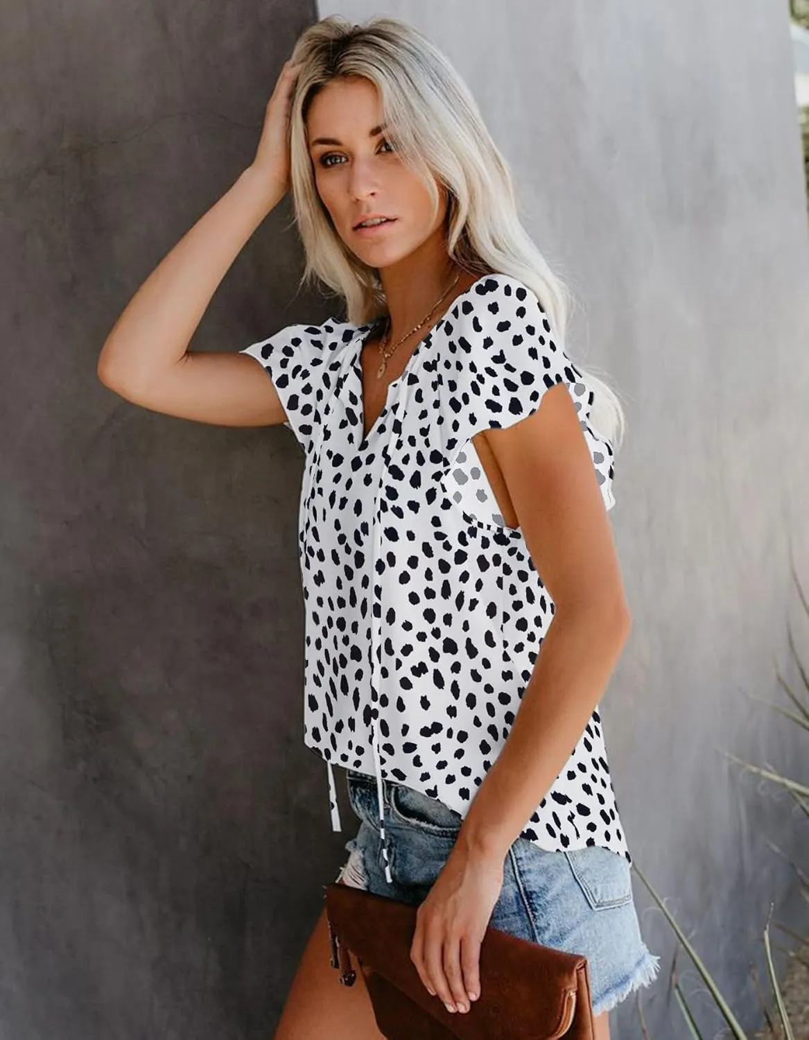 SimpleFun Women's Boho Tops Floral V Neck Short Sleeve Summer Blouse Shirts