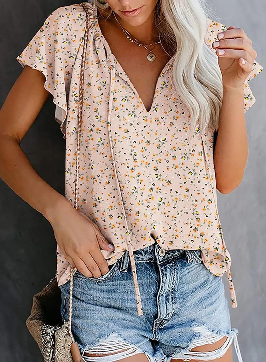 SimpleFun Women's Boho Tops Floral V Neck Short Sleeve Summer Blouse Shirts