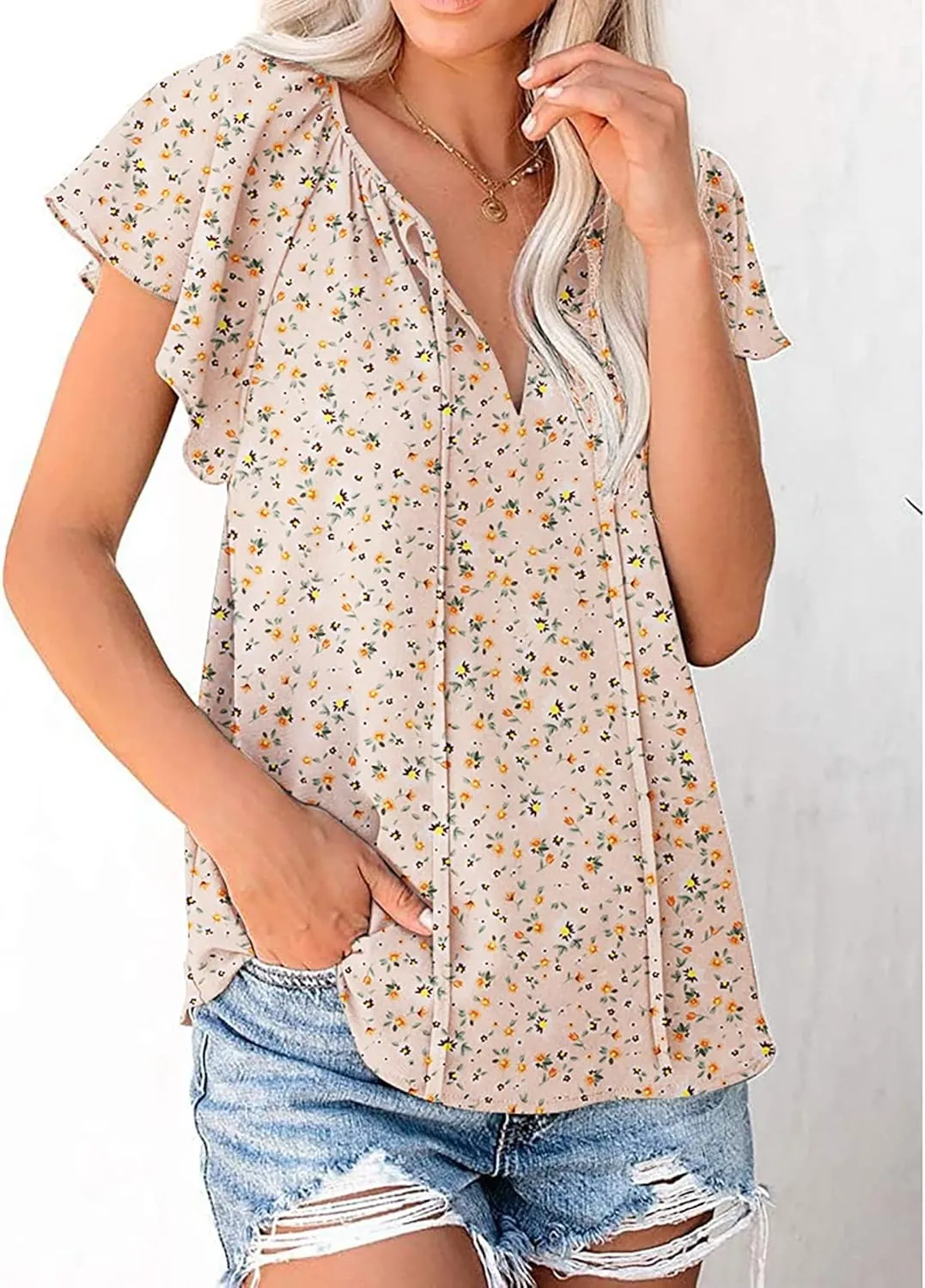 SimpleFun Women's Boho Tops Floral V Neck Short Sleeve Summer Blouse Shirts