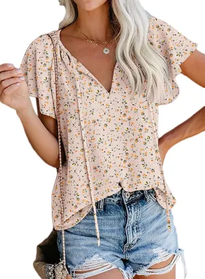 SimpleFun Women's Boho Tops Floral V Neck Short Sleeve Summer Blouse Shirts