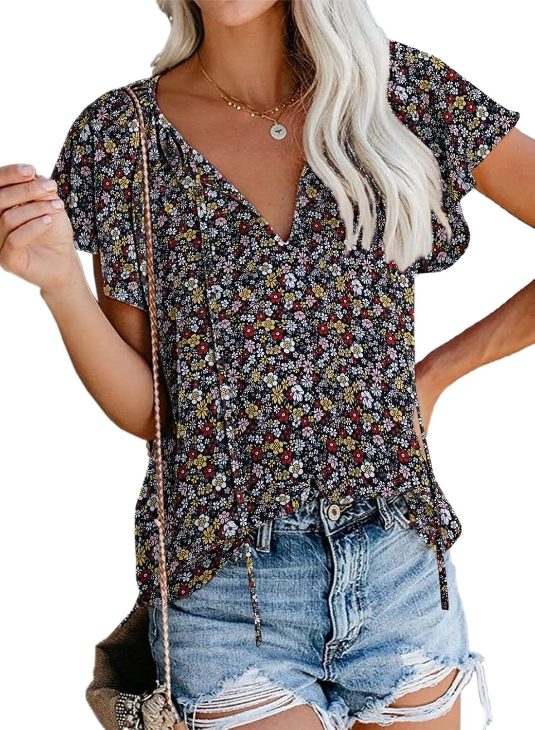 SimpleFun Women's Boho Tops Floral V Neck Short Sleeve Summer Blouse Shirts