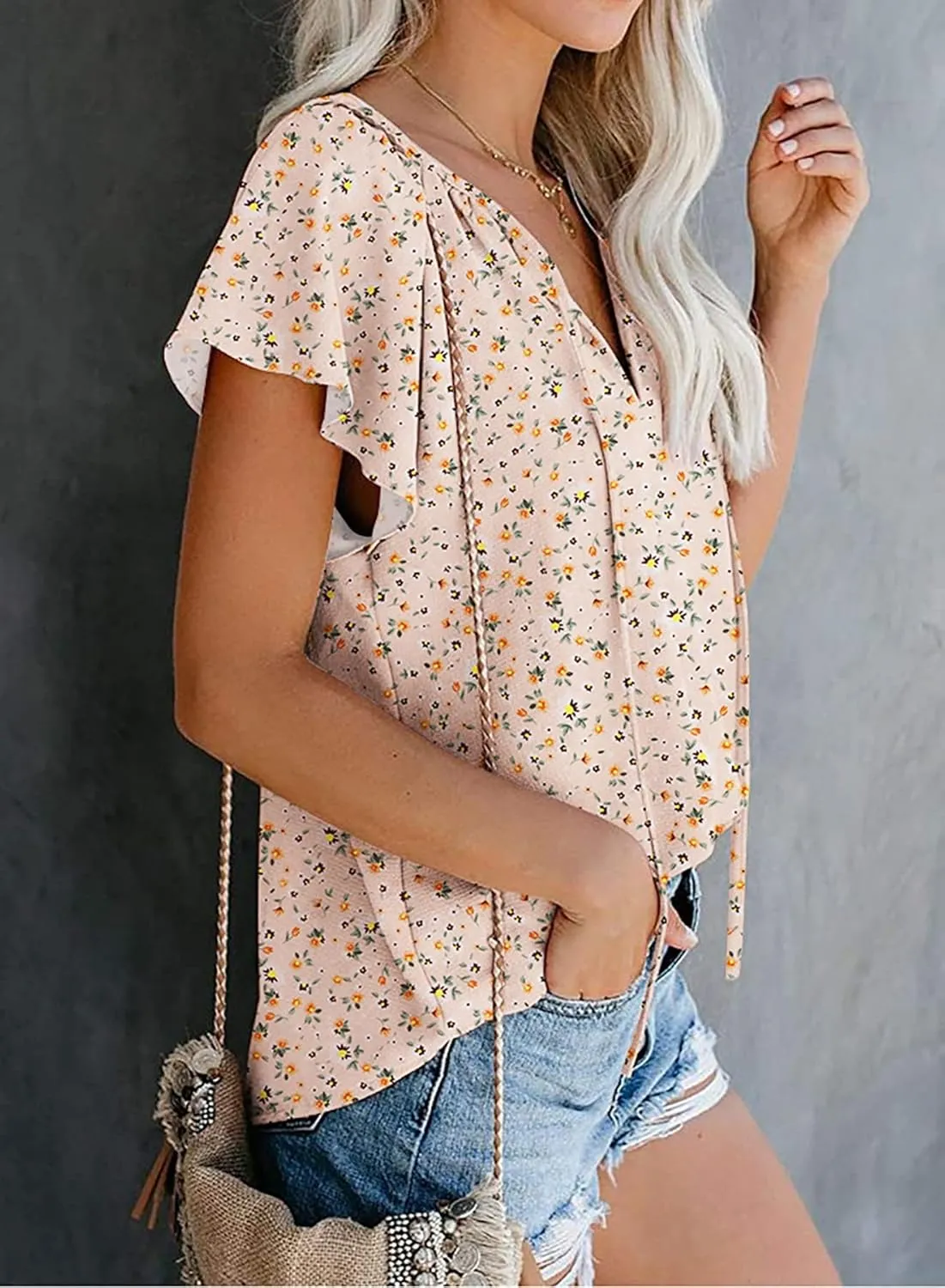 SimpleFun Women's Boho Tops Floral V Neck Short Sleeve Summer Blouse Shirts