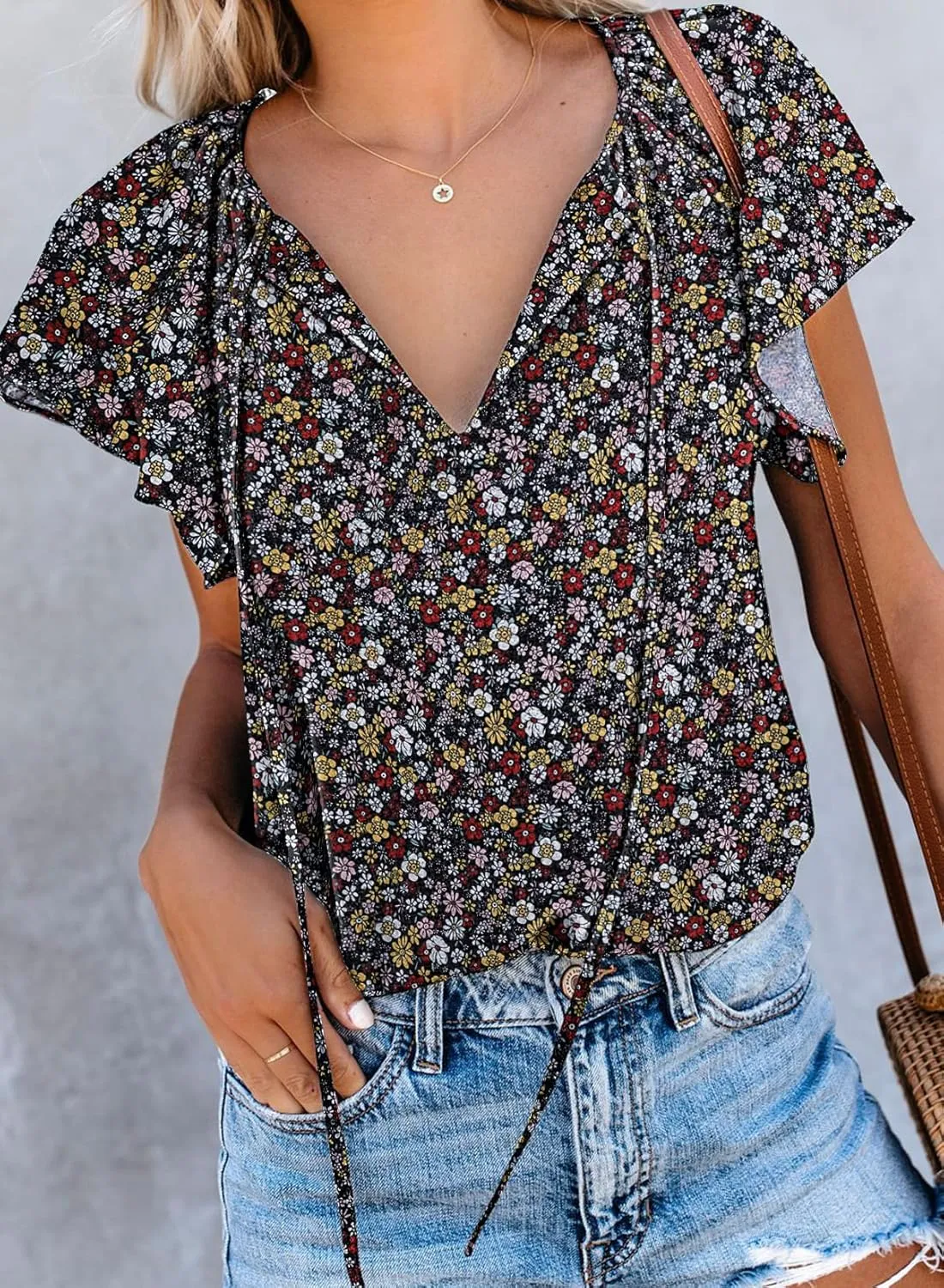 SimpleFun Women's Boho Tops Floral V Neck Short Sleeve Summer Blouse Shirts