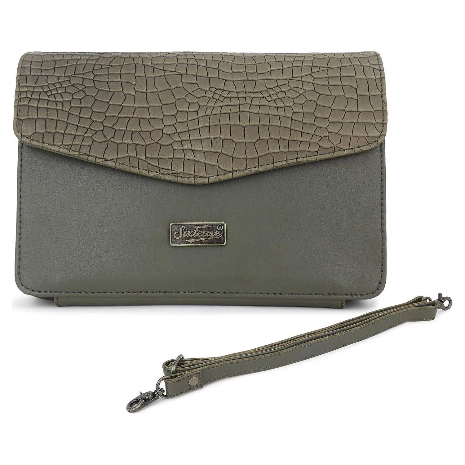 Sixtease Bags - Leather Womens Clutch Bag - Olive Croco Print