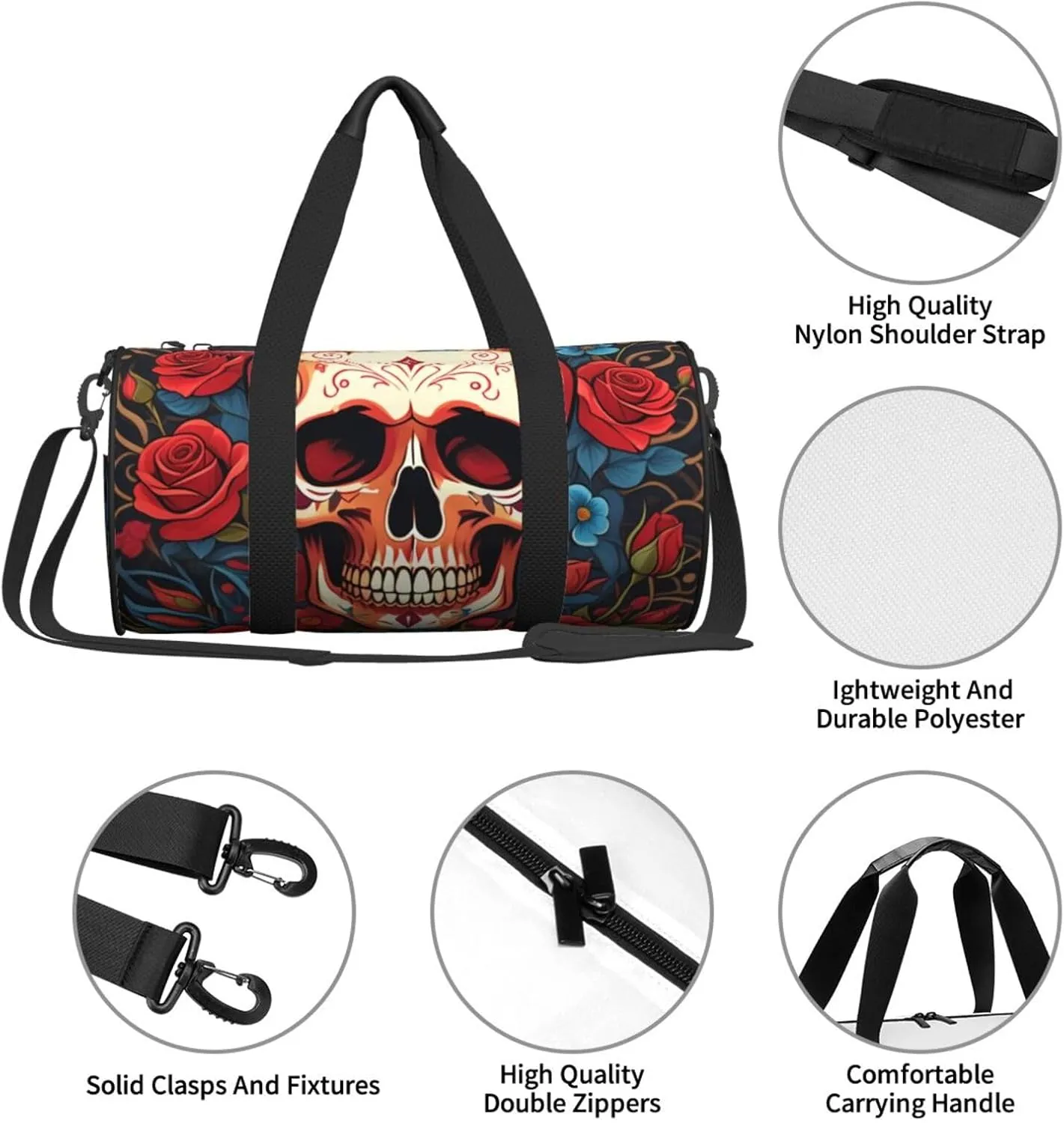 Skulls and Roses Printed Travel Bag,Round Personal Item Storage bag,Foldie Duffel Bag for Traveling Vacation,Fitness,Sports