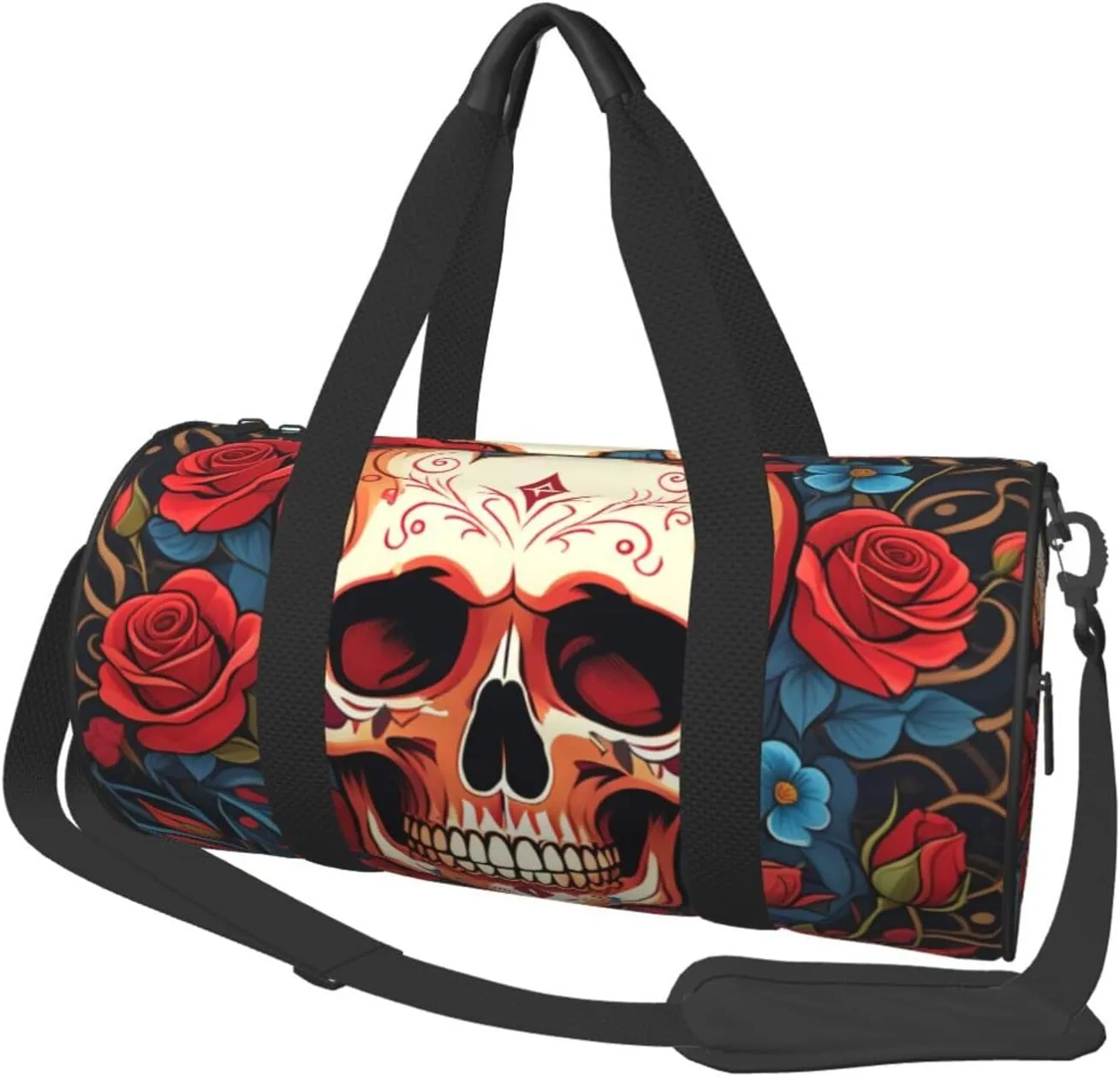 Skulls and Roses Printed Travel Bag,Round Personal Item Storage bag,Foldie Duffel Bag for Traveling Vacation,Fitness,Sports