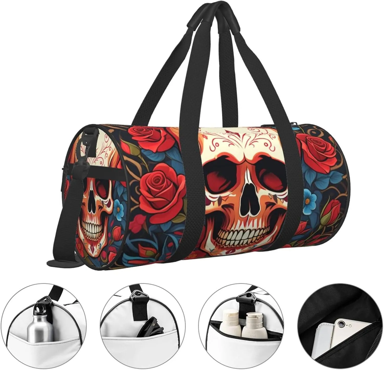 Skulls and Roses Printed Travel Bag,Round Personal Item Storage bag,Foldie Duffel Bag for Traveling Vacation,Fitness,Sports