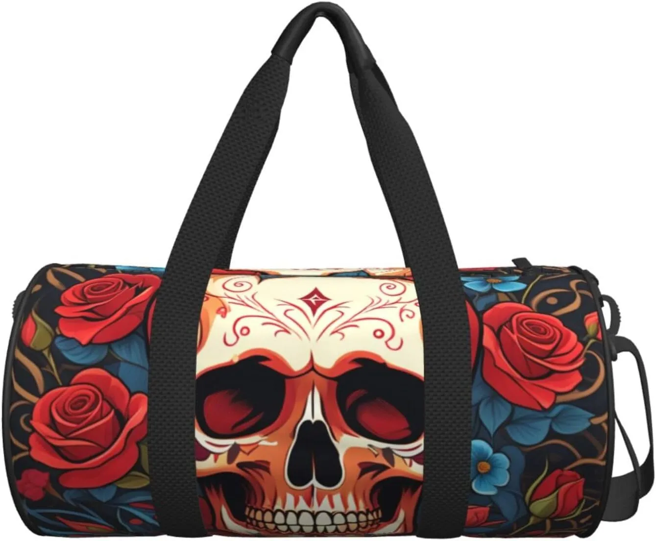 Skulls and Roses Printed Travel Bag,Round Personal Item Storage bag,Foldie Duffel Bag for Traveling Vacation,Fitness,Sports