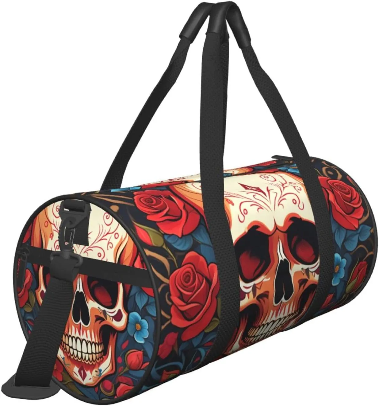 Skulls and Roses Printed Travel Bag,Round Personal Item Storage bag,Foldie Duffel Bag for Traveling Vacation,Fitness,Sports