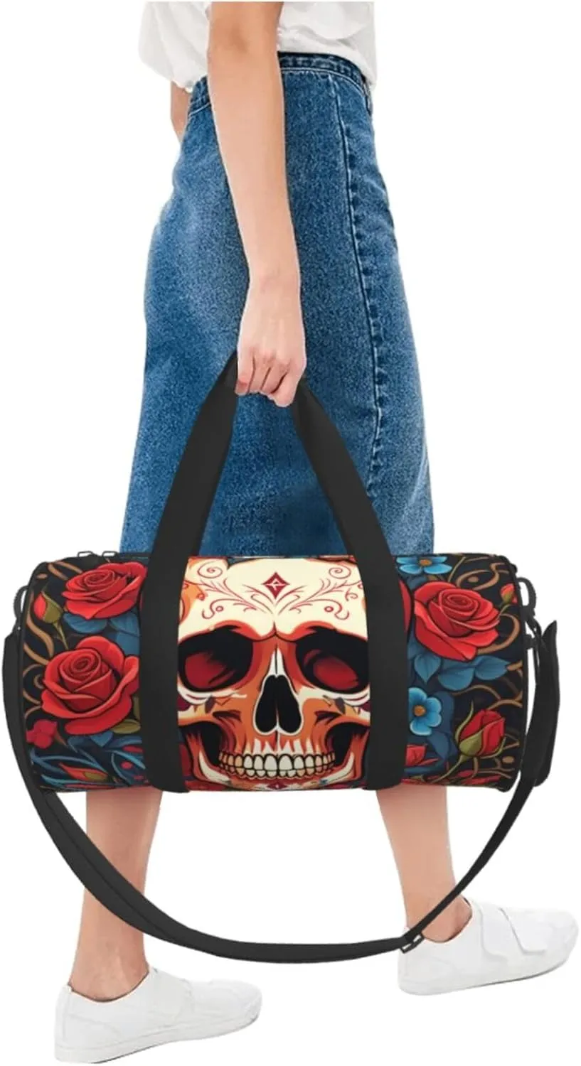 Skulls and Roses Printed Travel Bag,Round Personal Item Storage bag,Foldie Duffel Bag for Traveling Vacation,Fitness,Sports