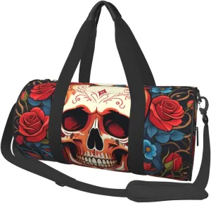 Skulls and Roses Printed Travel Bag,Round Personal Item Storage bag,Foldie Duffel Bag for Traveling Vacation,Fitness,Sports