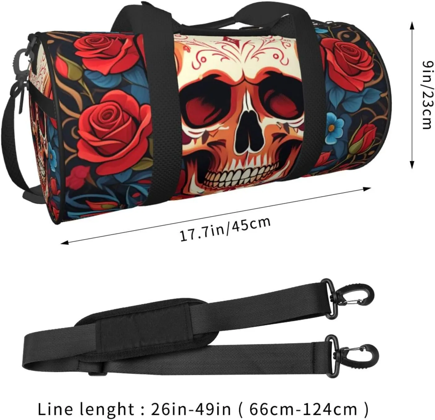 Skulls and Roses Printed Travel Bag,Round Personal Item Storage bag,Foldie Duffel Bag for Traveling Vacation,Fitness,Sports