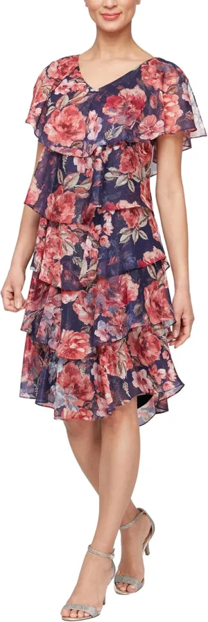 S.L. Fashions Women's Short Sleeve Floral Tiered Chiffon Cocktail Spring/Summer, Wedding Guest Dress