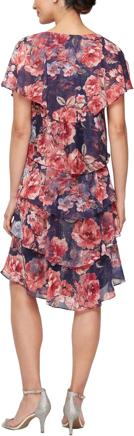 S.L. Fashions Women's Short Sleeve Floral Tiered Chiffon Cocktail Spring/Summer, Wedding Guest Dress