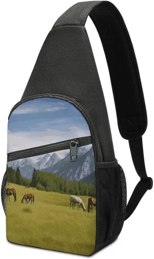 Sling Bag for Women Fanny Chest Bag Pack Mountain Pasture Grazing Horses Printed Travel Bag Cross Body Bag Suitable for Hiking And Outdoor Activities