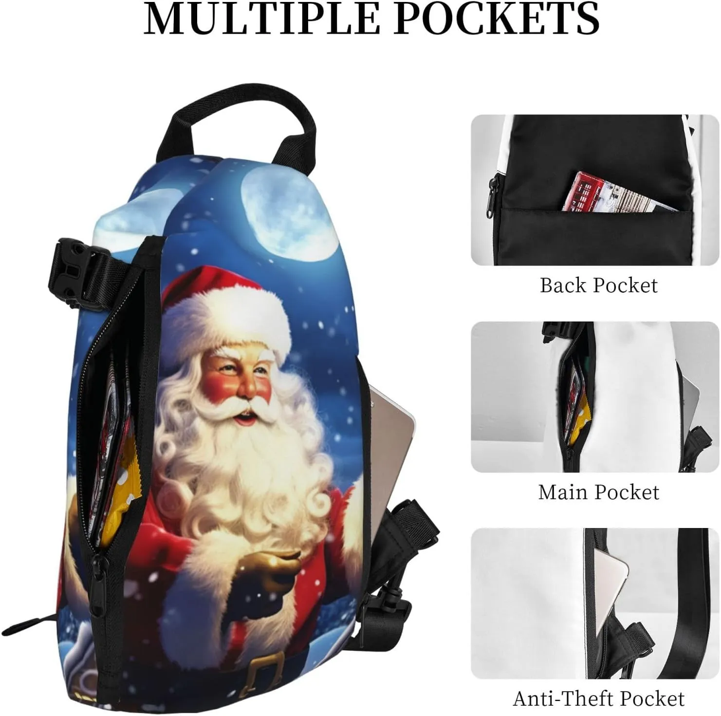 Sling Bag for Women Men Shoulder Bag Winter X-mas Chest Bag Travel Fanny Pack Lightweight Casual Daypack, Winter Christmas Santa, One Size
