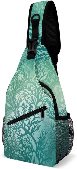 Sling Bag Green Sea Blue Seaweed Printed Crossbody Backpack for Men Women Sling Backpack Hiking Daypack Multipurpose Cross Body Chest Bag Multi-Pocket Design