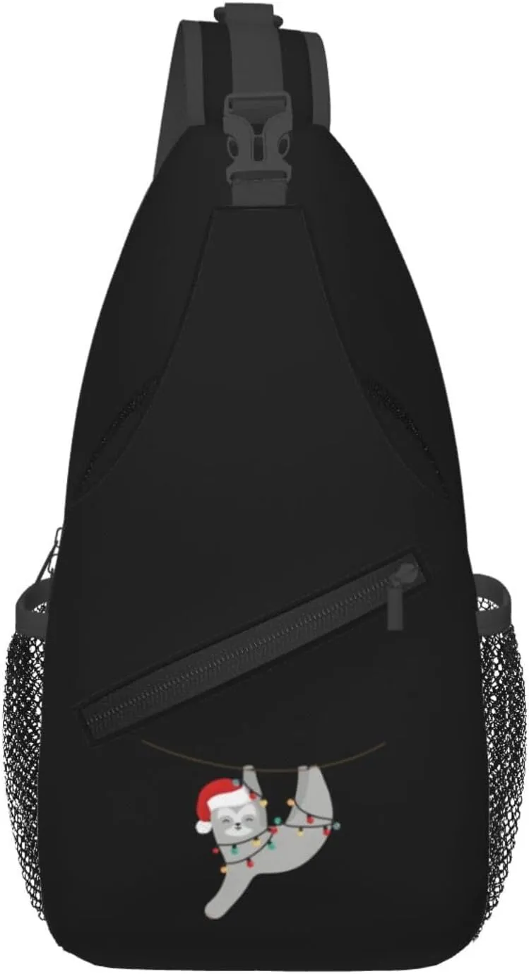 Sloth In Climbing Vine Wearing Christmas Hat Crossbody Bags For Women Men Chest Backpack Gym Shoulder Bag Travel Outdoor Sports Casual Crossbody Bags