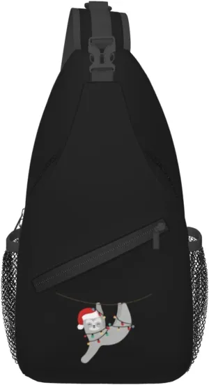 Sloth In Climbing Vine Wearing Christmas Hat Crossbody Bags For Women Men Chest Backpack Gym Shoulder Bag Travel Outdoor Sports Casual Crossbody Bags