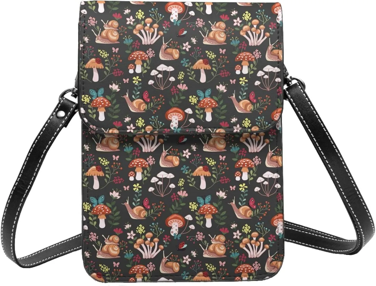 Small Crossbody Bags for Women, Leather Mushroom With Snails Cell Phone Cross Body Bag Wallet Purses