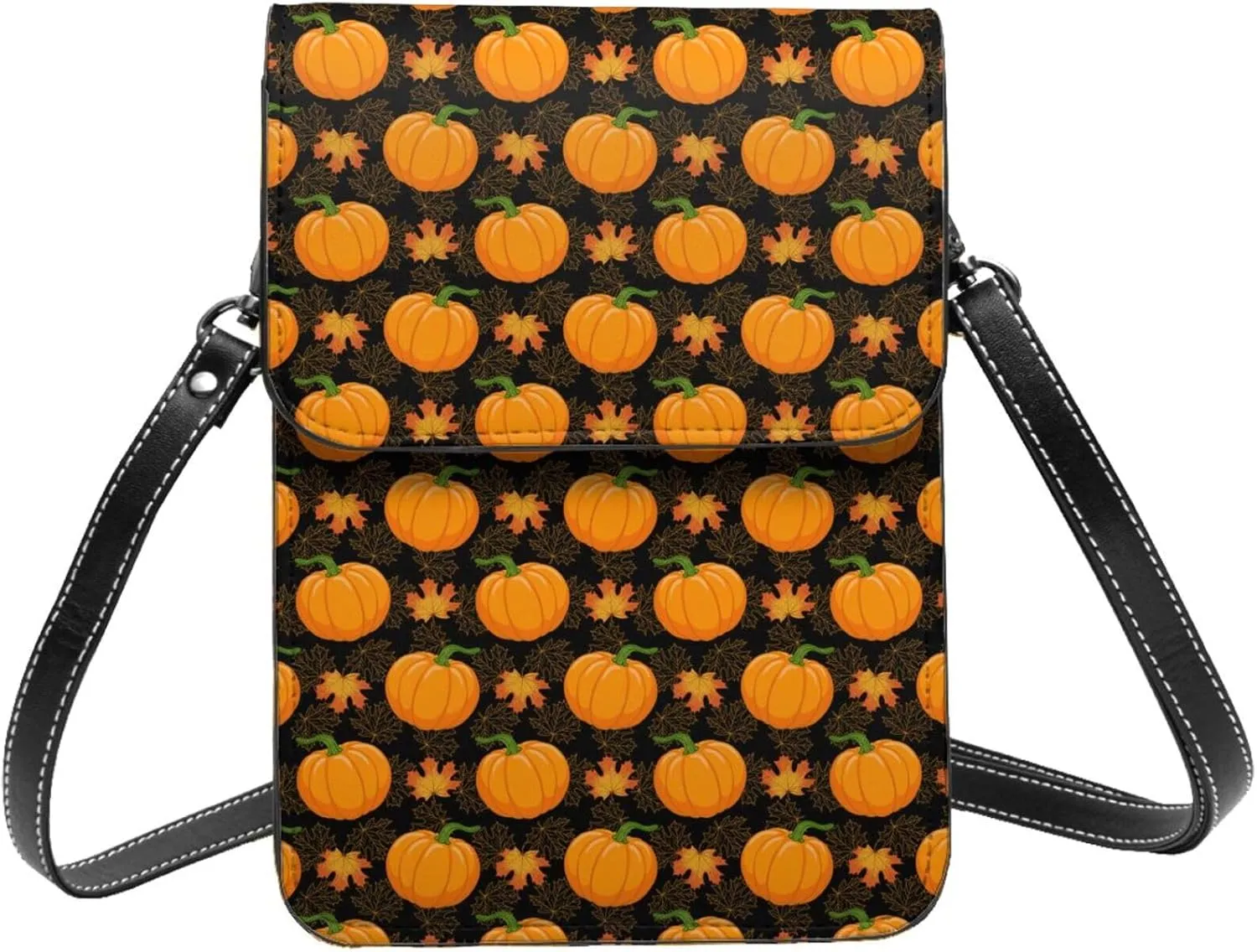 Small Crossbody Bags for Women, Leather Orange Pumpkin And Autumn Maple Cell Phone Cross Body Bag Wallet Purses