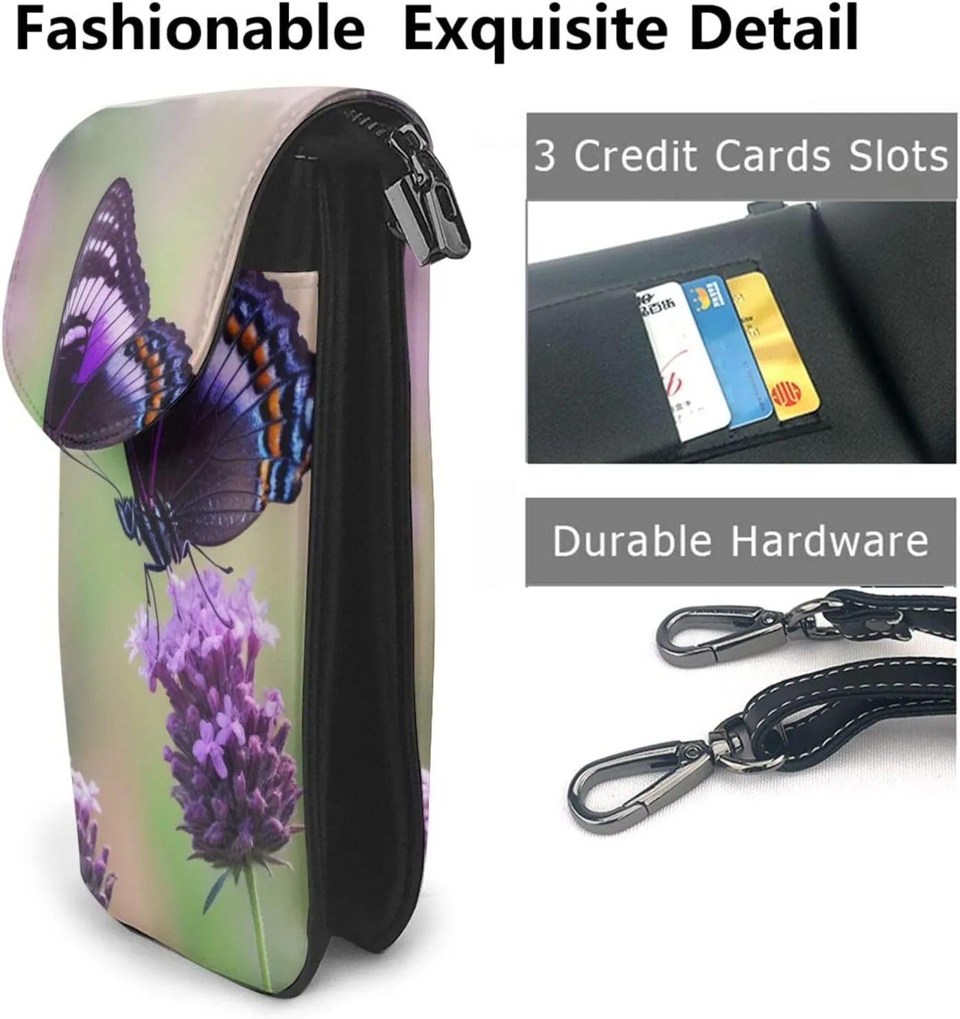Small Crossbody Bags for Women,Leather Shoulder Bag for Cell Phone Purse with Strap and purple and black butterfly Printed