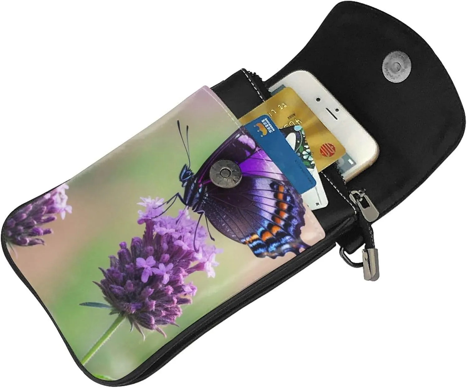 Small Crossbody Bags for Women,Leather Shoulder Bag for Cell Phone Purse with Strap and purple and black butterfly Printed