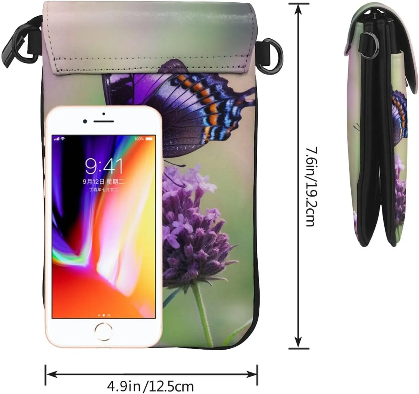 Small Crossbody Bags for Women,Leather Shoulder Bag for Cell Phone Purse with Strap and purple and black butterfly Printed