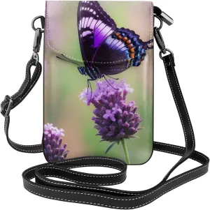 Small Crossbody Bags for Women,Leather Shoulder Bag for Cell Phone Purse with Strap and purple and black butterfly Printed