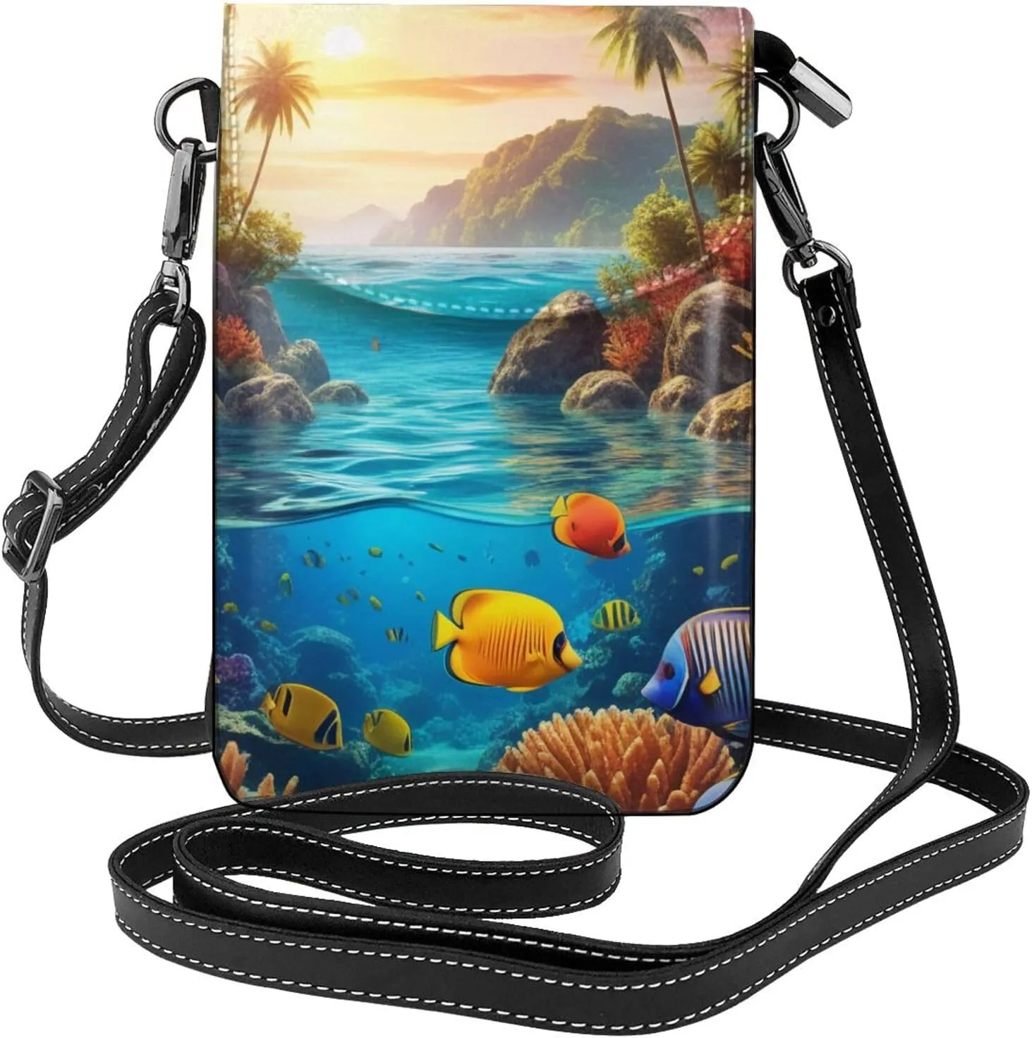 Small Crossbody Bags for Women,Leather Shoulder Bag for Cell Phone Purse with Strap and Tropical tree Printed