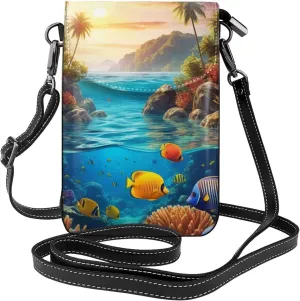 Small Crossbody Bags for Women,Leather Shoulder Bag for Cell Phone Purse with Strap and Tropical tree Printed