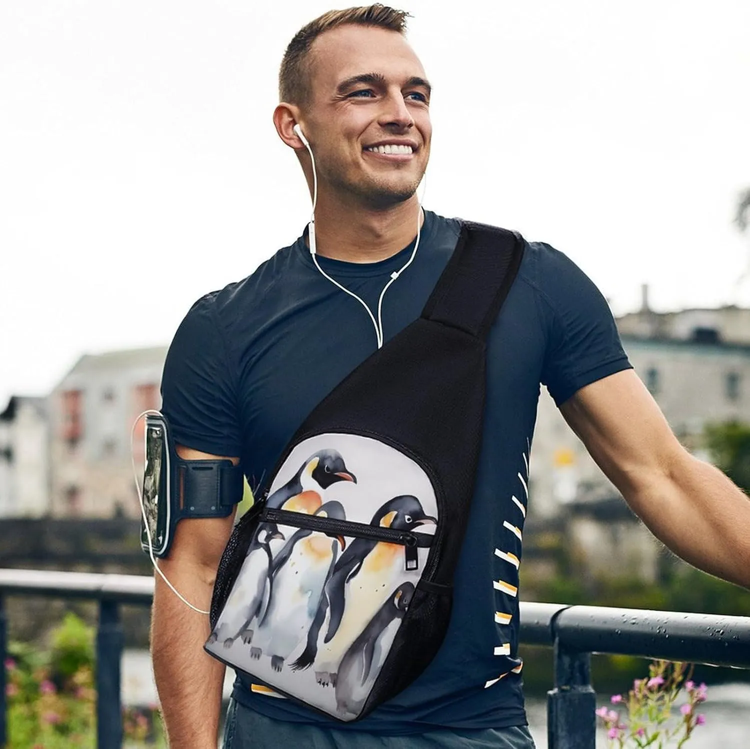 Small Sling Chest Bag Crossbody Bag for Men Women,Animal Penguins Watercolor Pattern Lightweight Gym Daypack for Travel Cycling Hiking