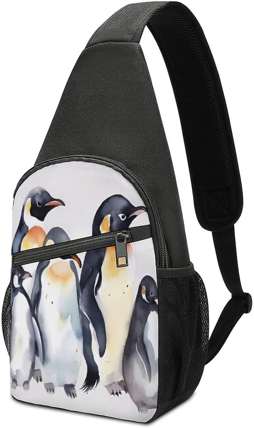 Small Sling Chest Bag Crossbody Bag for Men Women,Animal Penguins Watercolor Pattern Lightweight Gym Daypack for Travel Cycling Hiking