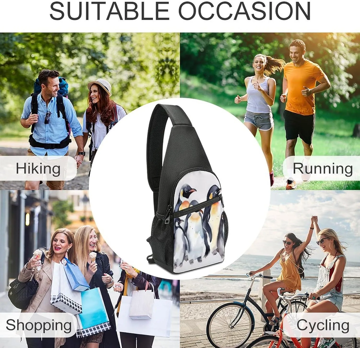 Small Sling Chest Bag Crossbody Bag for Men Women,Animal Penguins Watercolor Pattern Lightweight Gym Daypack for Travel Cycling Hiking