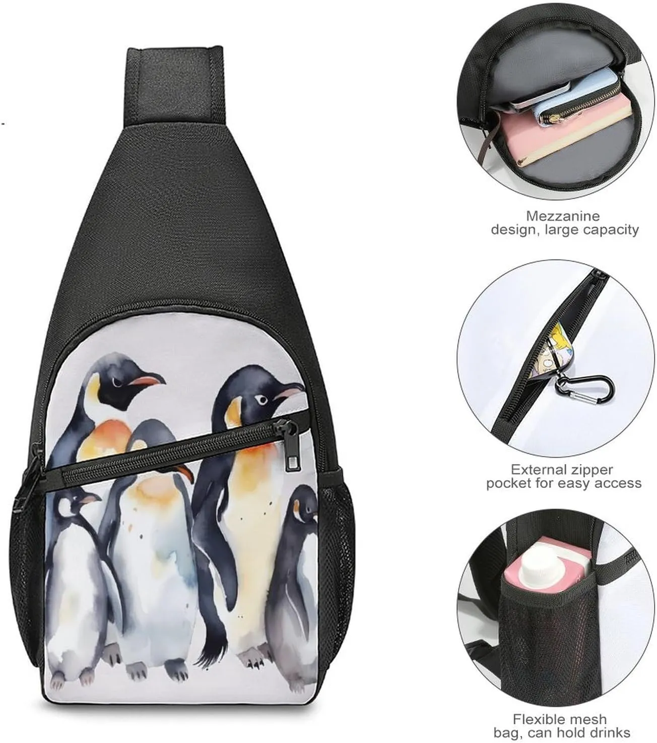 Small Sling Chest Bag Crossbody Bag for Men Women,Animal Penguins Watercolor Pattern Lightweight Gym Daypack for Travel Cycling Hiking