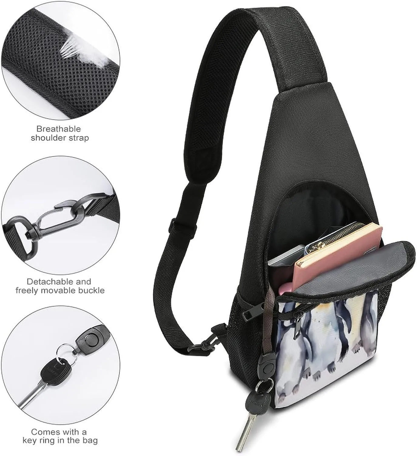 Small Sling Chest Bag Crossbody Bag for Men Women,Animal Penguins Watercolor Pattern Lightweight Gym Daypack for Travel Cycling Hiking