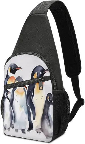 Small Sling Chest Bag Crossbody Bag for Men Women,Animal Penguins Watercolor Pattern Lightweight Gym Daypack for Travel Cycling Hiking