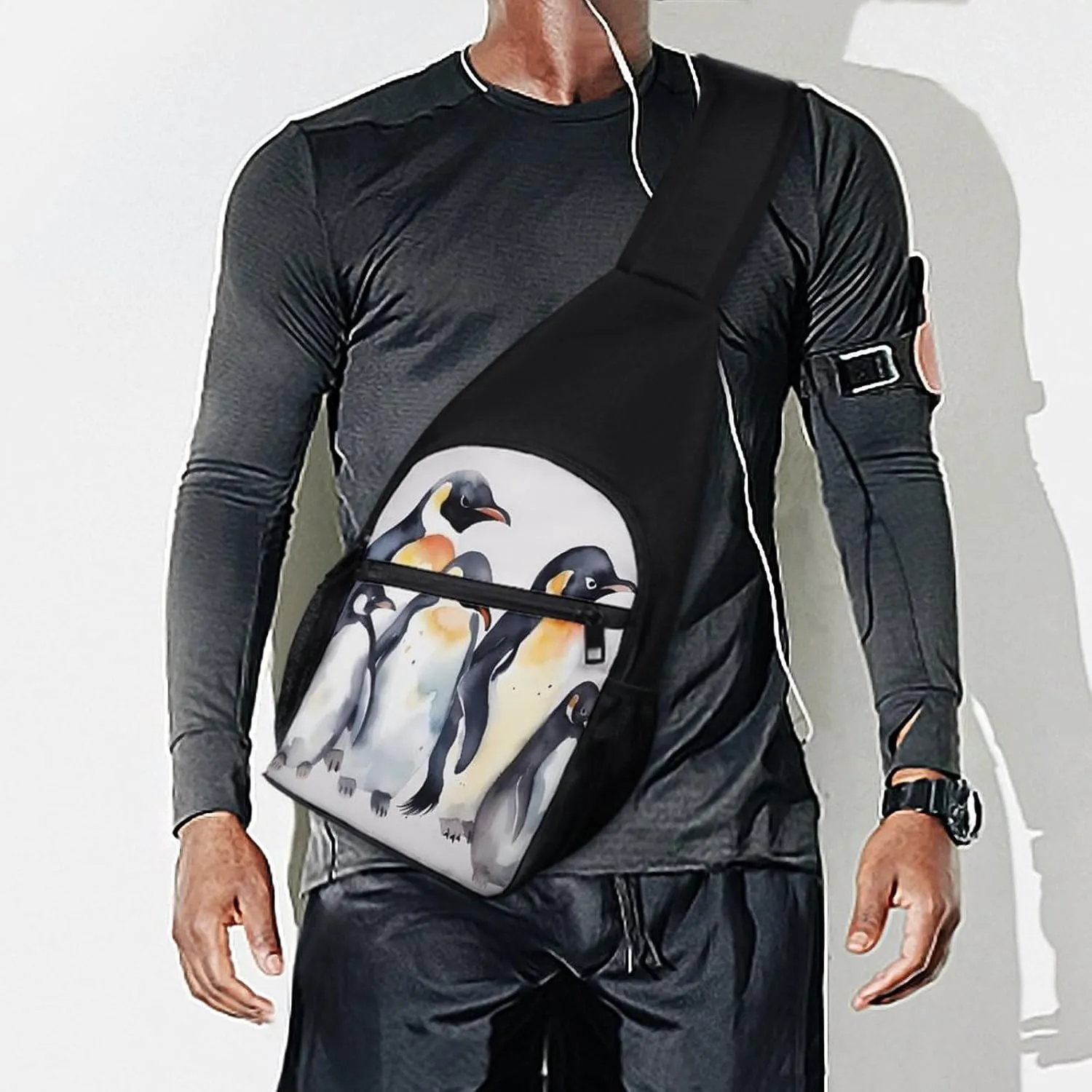 Small Sling Chest Bag Crossbody Bag for Men Women,Animal Penguins Watercolor Pattern Lightweight Gym Daypack for Travel Cycling Hiking