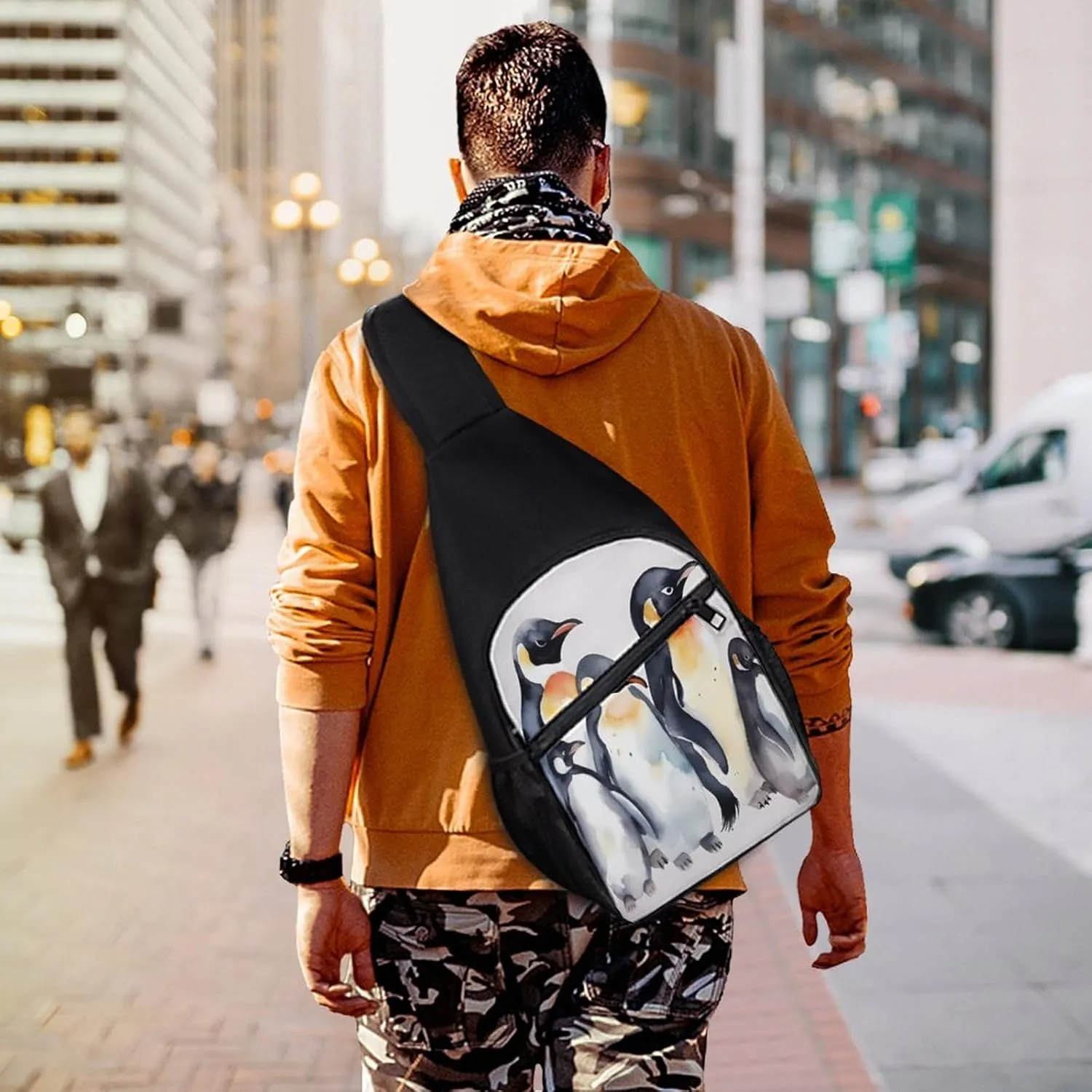 Small Sling Chest Bag Crossbody Bag for Men Women,Animal Penguins Watercolor Pattern Lightweight Gym Daypack for Travel Cycling Hiking