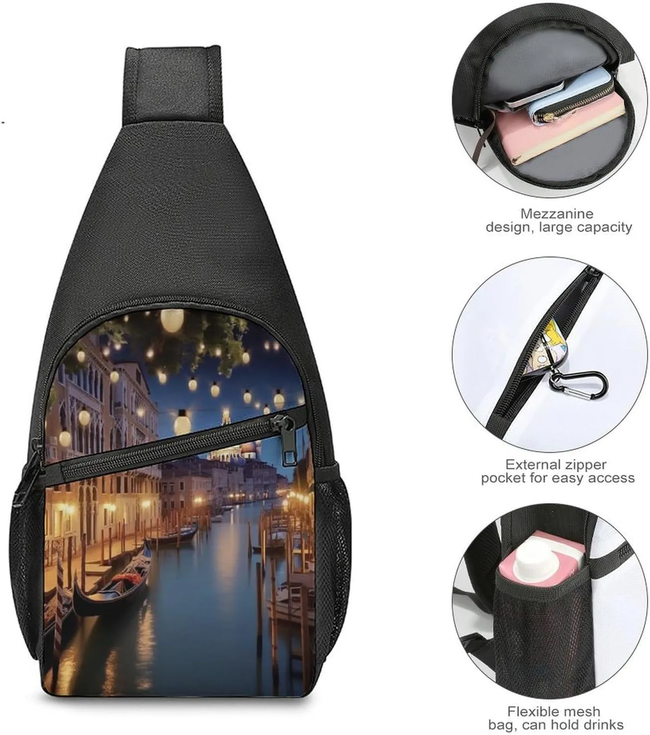 Small Sling Chest Bag Crossbody Bag for Men Women,Beautiful Venice at Night Lightweight Gym Daypack for Travel Cycling Hiking