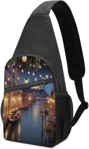 Small Sling Chest Bag Crossbody Bag for Men Women,Beautiful Venice at Night Lightweight Gym Daypack for Travel Cycling Hiking