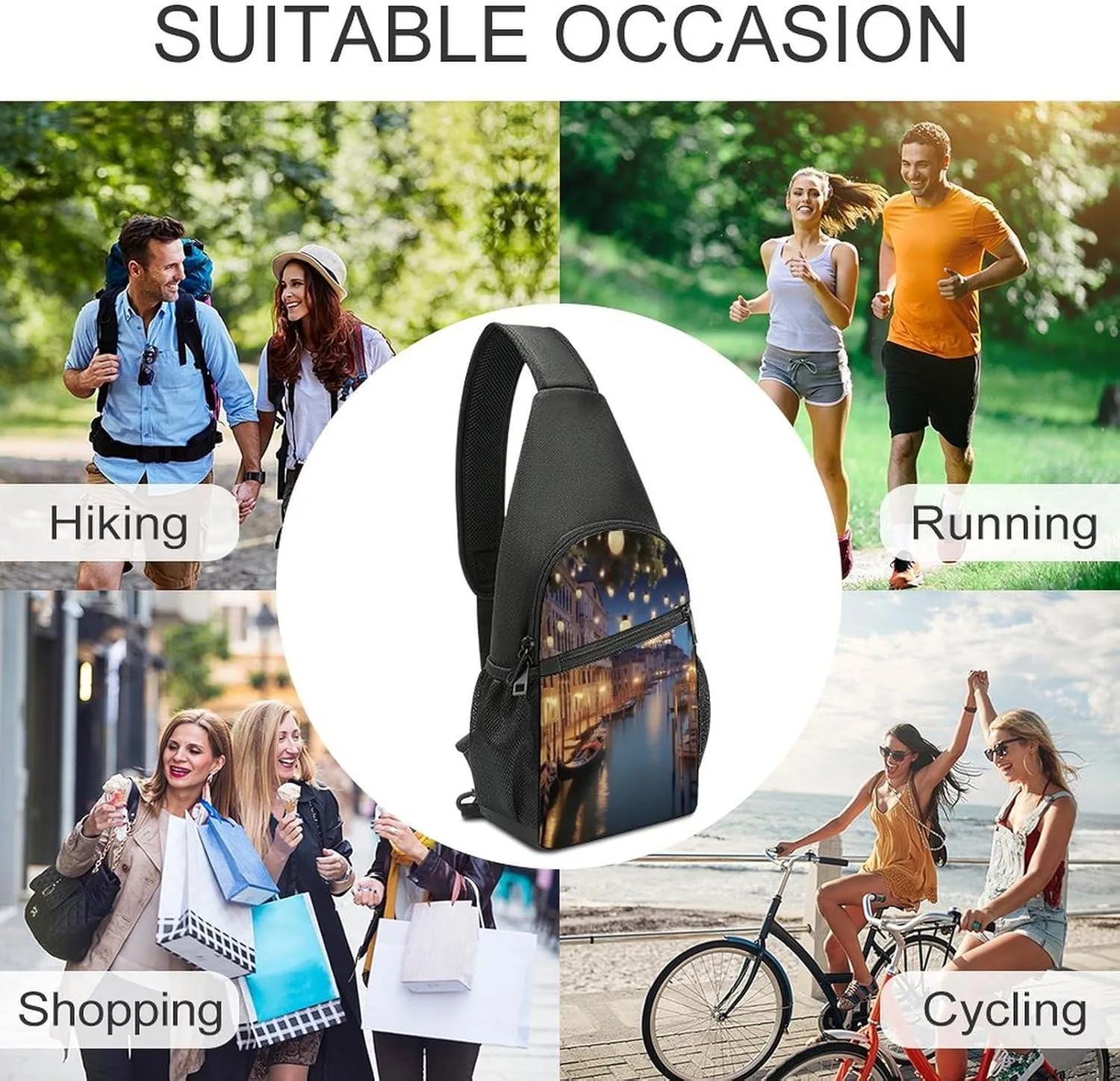 Small Sling Chest Bag Crossbody Bag for Men Women,Beautiful Venice at Night Lightweight Gym Daypack for Travel Cycling Hiking