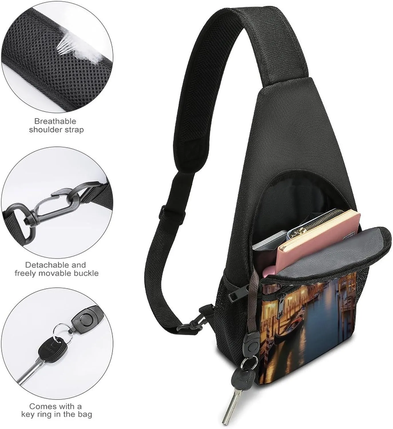 Small Sling Chest Bag Crossbody Bag for Men Women,Beautiful Venice at Night Lightweight Gym Daypack for Travel Cycling Hiking